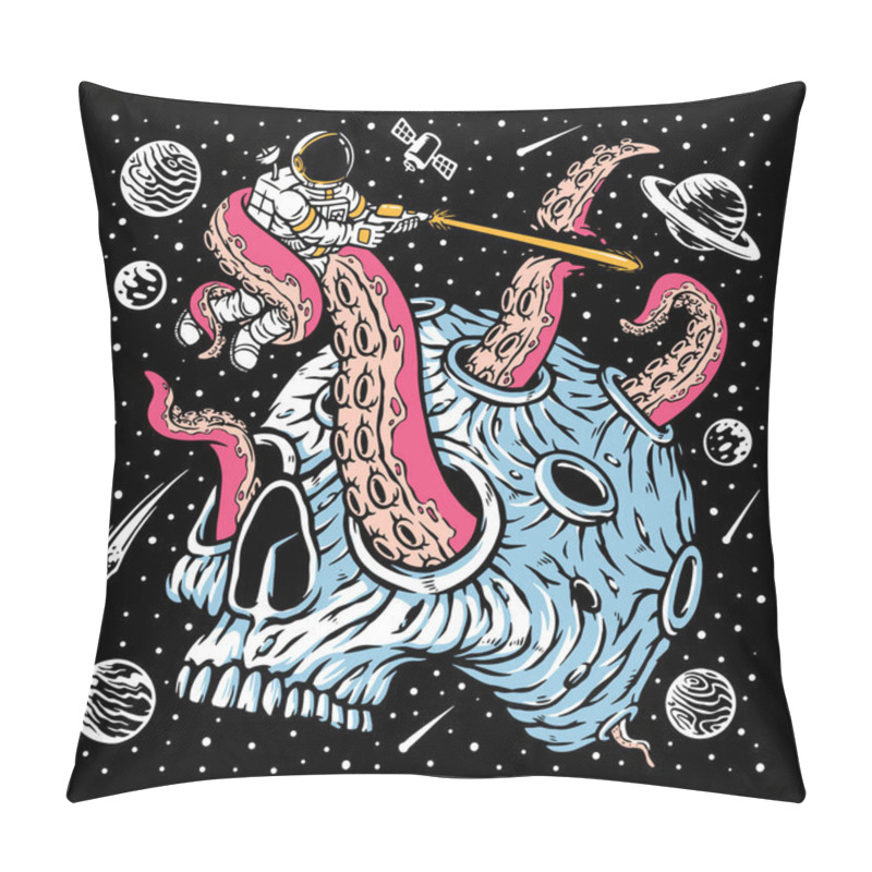 Personality  Vector Image With A Tentacles Coming Out Of Skull Planet And Attacking Astronaut In Space Pillow Covers