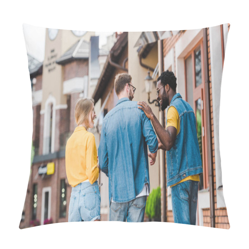 Personality  Happy Multicultural Friends Walking And Smiling Outside  Pillow Covers