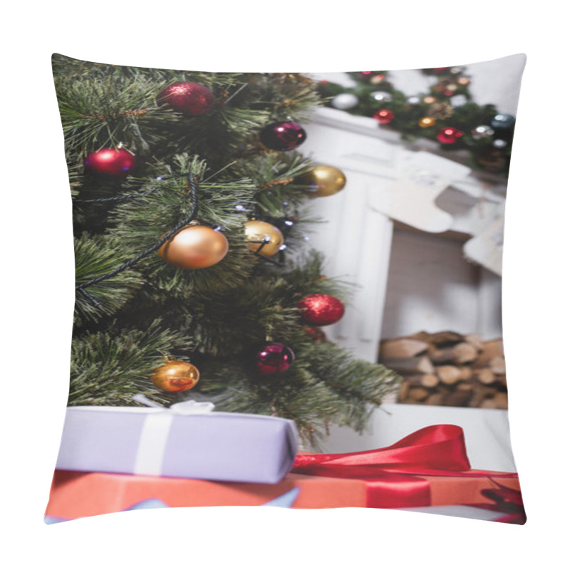 Personality  Selective Focus Of Gift Boxes Near Decorated Pine With Christmas Balls Pillow Covers