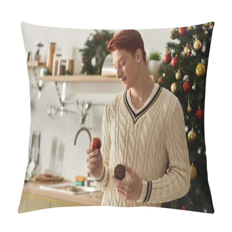 Personality  A Young Man Stands In A Festive Kitchen, Admiring Christmas Ornaments With A Warm Smile. Pillow Covers