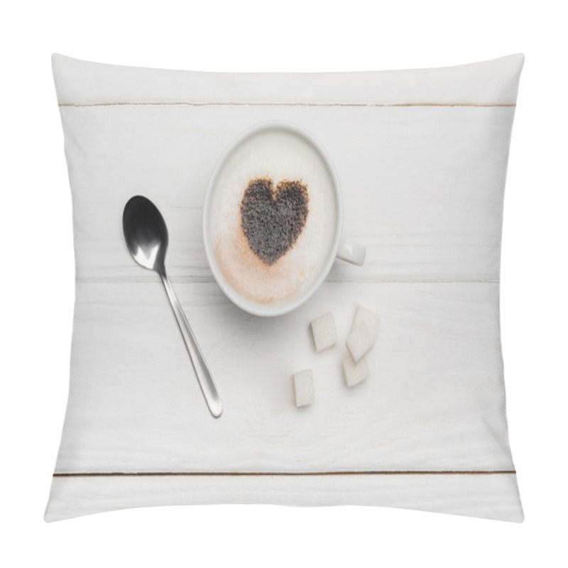 Personality  Top View Of Cup With Cappuccino Near Spoon And Sugar Cubes On White Wooden Background   Pillow Covers