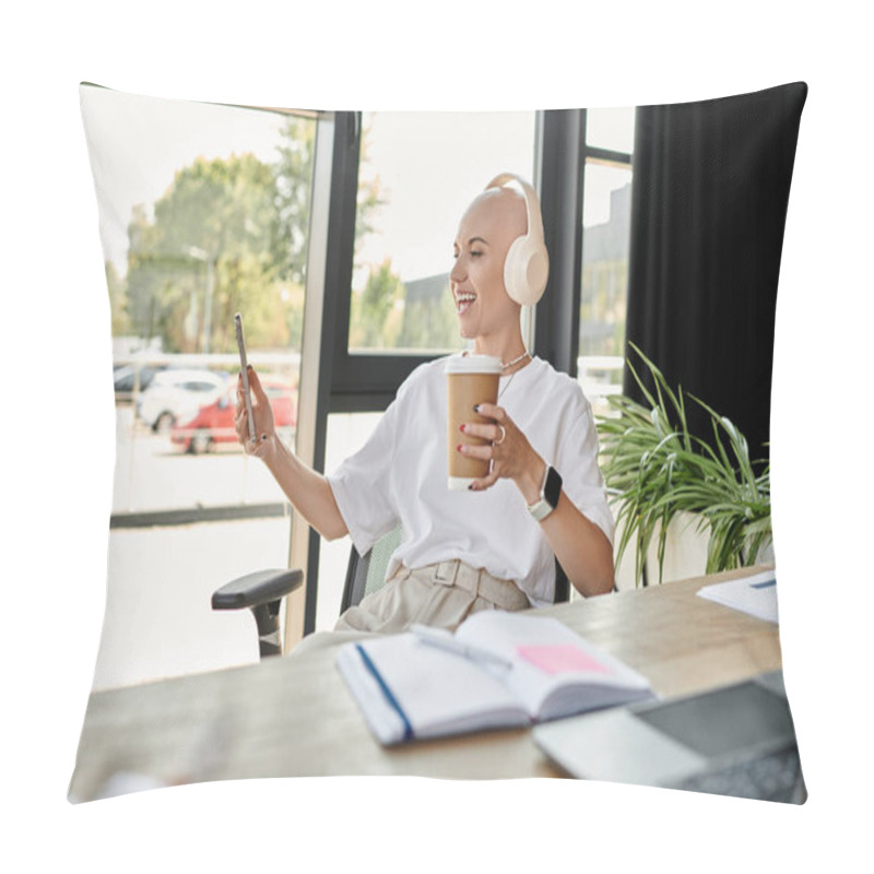 Personality  A Young Bald Woman In Elegant Attire Smiles While Holding Coffee And Chatting On Her Smartphone. Pillow Covers