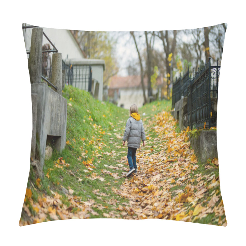 Personality  Little Boy Walking On Yellow Fallen Autumn Leaves Covering Gravestones Of Bernardine Cemetery, One Of The Three Oldest Graveyards In Vilnius, Lithuania. Pillow Covers