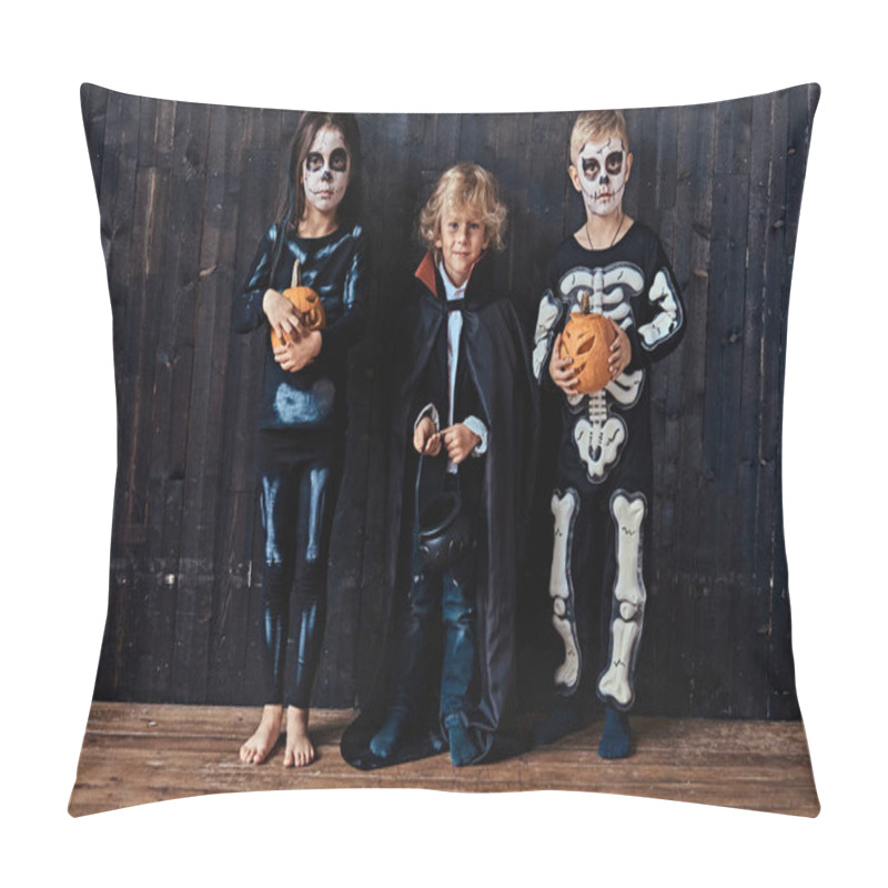 Personality  Three Cute Kids In Scary Costumes During Halloween Party In An Old House. Pillow Covers