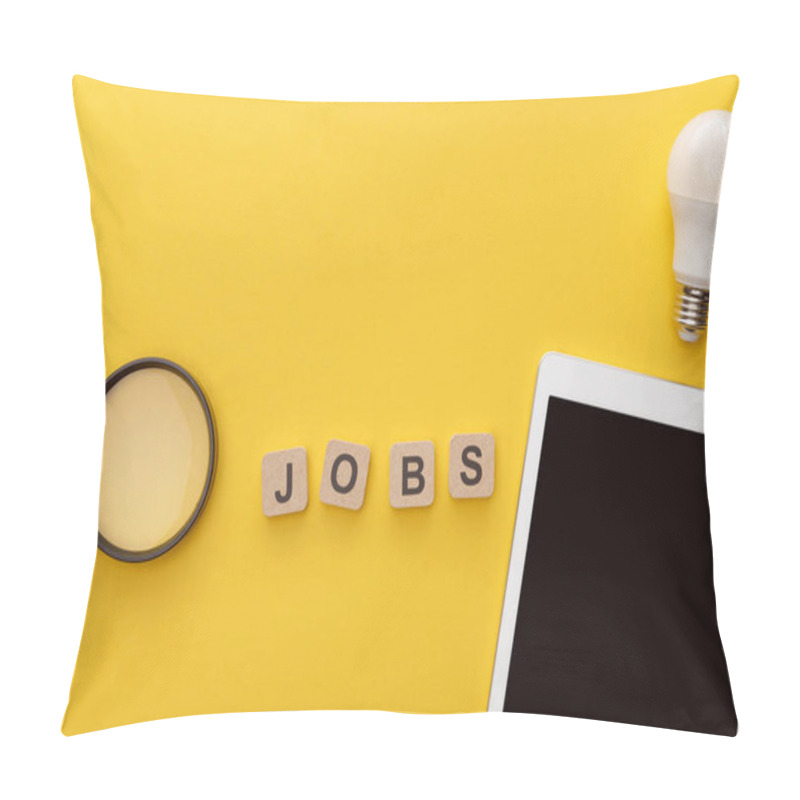 Personality  Top View Of Magnifying Glass, Light Bulb, Digital Tablet And Cardboard Squares With Jobs Inscription On Yellow Background Pillow Covers