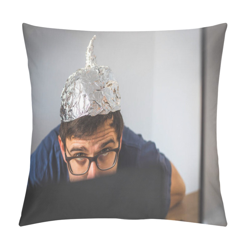 Personality  Young Man Is Wearing Aluminum Cap, Conspiracy Theory Concept Pillow Covers