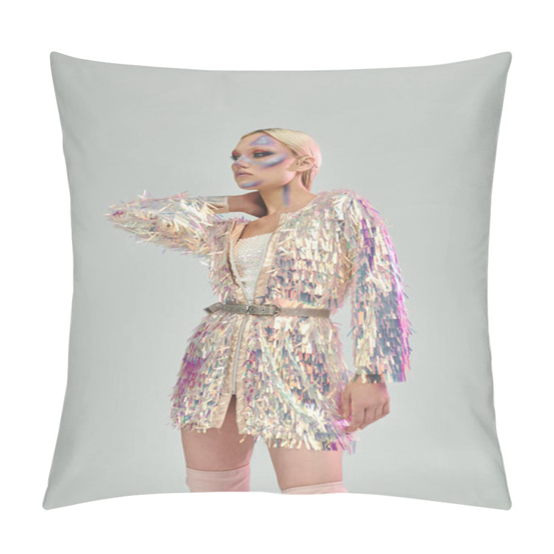 Personality  A Young Woman Showcases Her Fashionable Holographic Outfit With Confidence. Pillow Covers