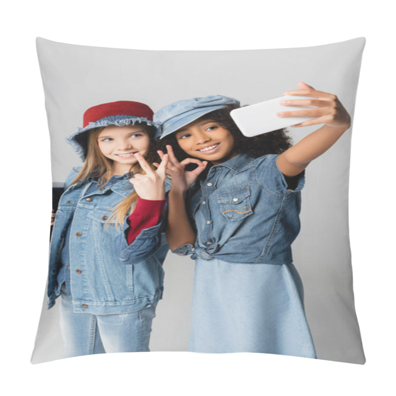 Personality  Fashionable Interracial Girls Showing Okay And Victory Signs While Taking Selfie On Grey Pillow Covers