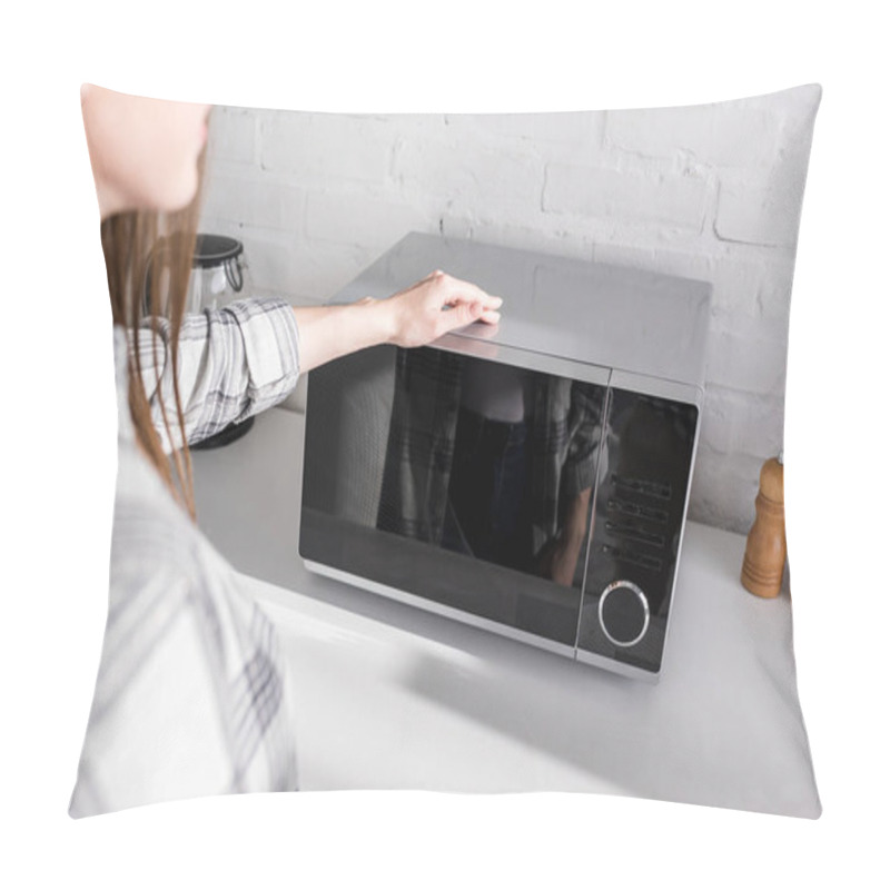 Personality  Cropped View Of Woman Looking At Microwave In Kitchen  Pillow Covers