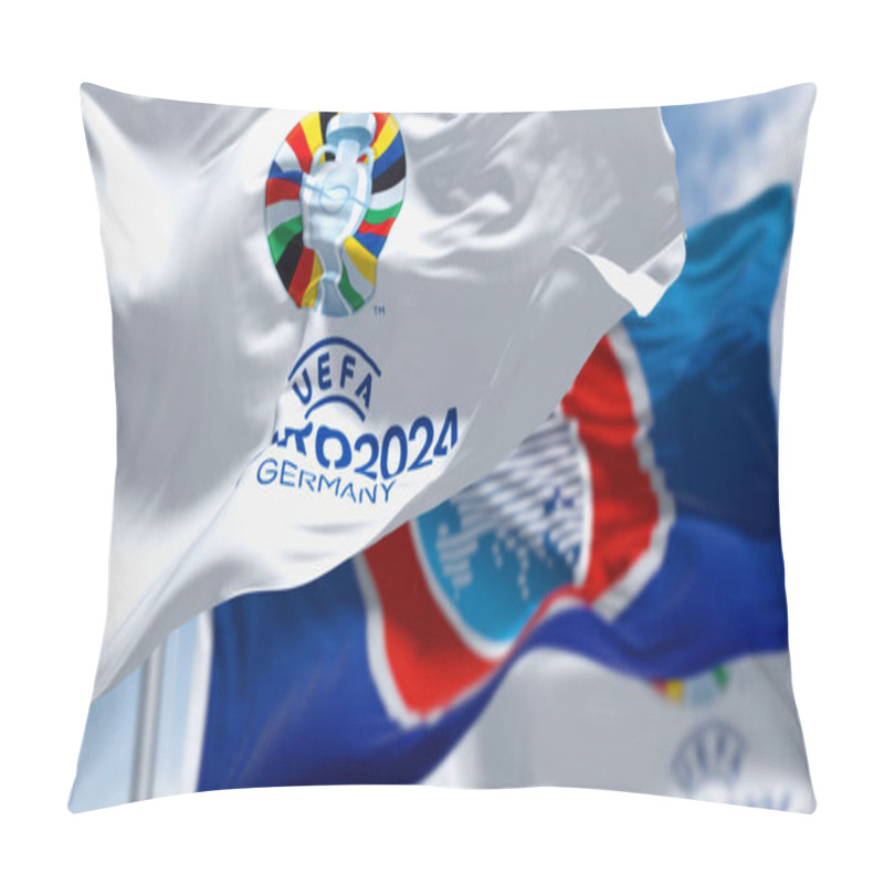 Personality  Berlin, DE, June 30 2023: UEFA and UEFA Euro 2024 European Football Championship flag waving on a clear day. International Sport event. Illustrative editorial 3d illustration render pillow covers