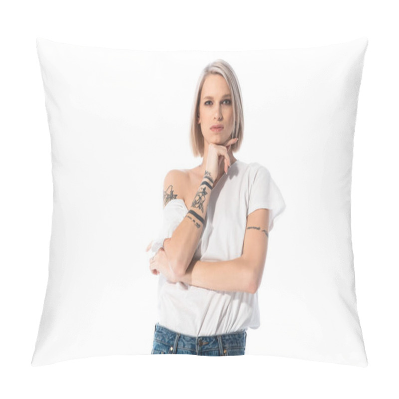 Personality  Young Tattooed Girl Posing With Hand Near Face Isolated On White Pillow Covers