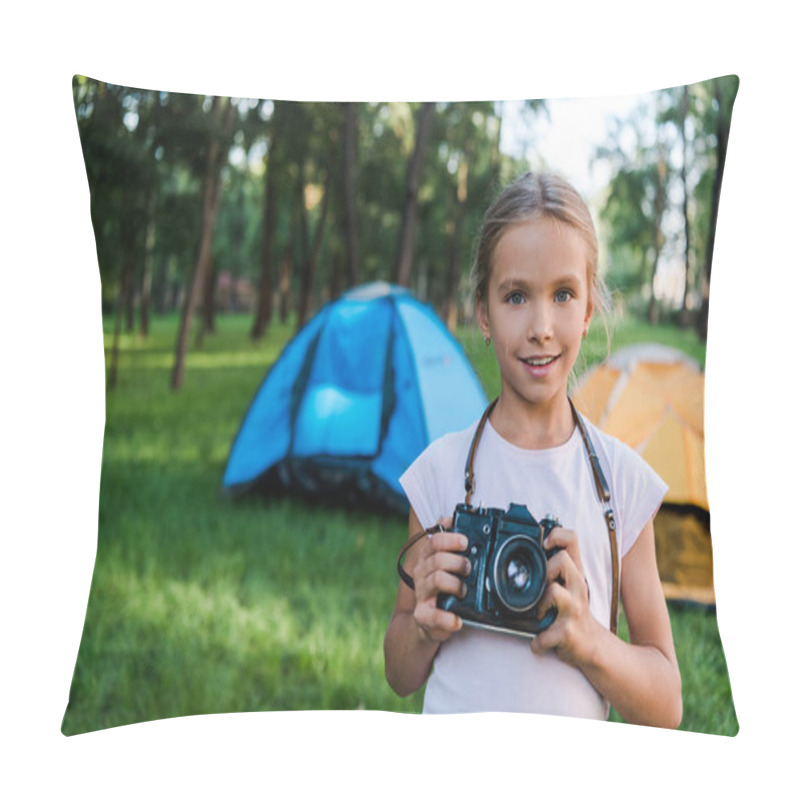 Personality  Smiling Child Holding Digital Camera Near Camps In Park  Pillow Covers