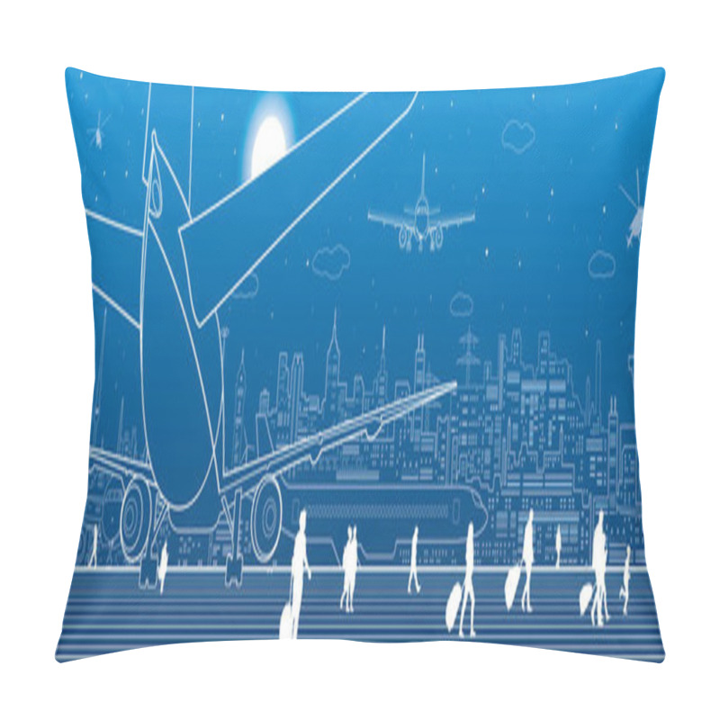 Personality  Airport Scene. The Plane Is On The Runway. Aviation Transportation Infrastructure. Airplane Fly, People Get On The Plane. Night City On Background, Vector Design Art Pillow Covers