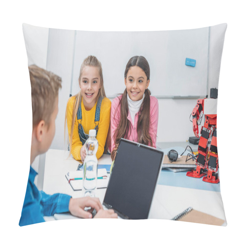 Personality  Schoolchildren Programming Robot Together And Using Laptop During STEM Educational Class Pillow Covers