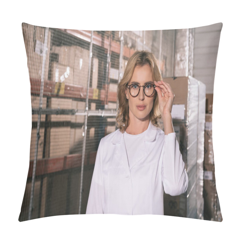 Personality  Confident Storekeeper In White Coat Touching Glasses While Looking At Camera Pillow Covers