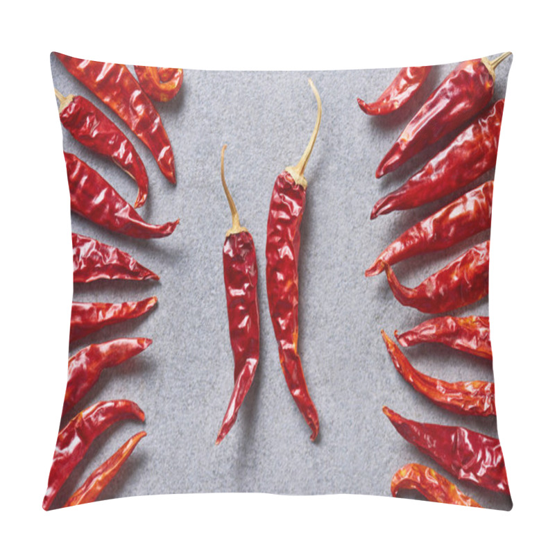 Personality  Top View Of Red Chili Peppers Arranged On Grey Tabletop Pillow Covers