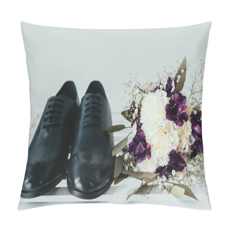 Personality  Close Up View Of Grooms Shoes And Bridal Bouquet On Grey Background Pillow Covers