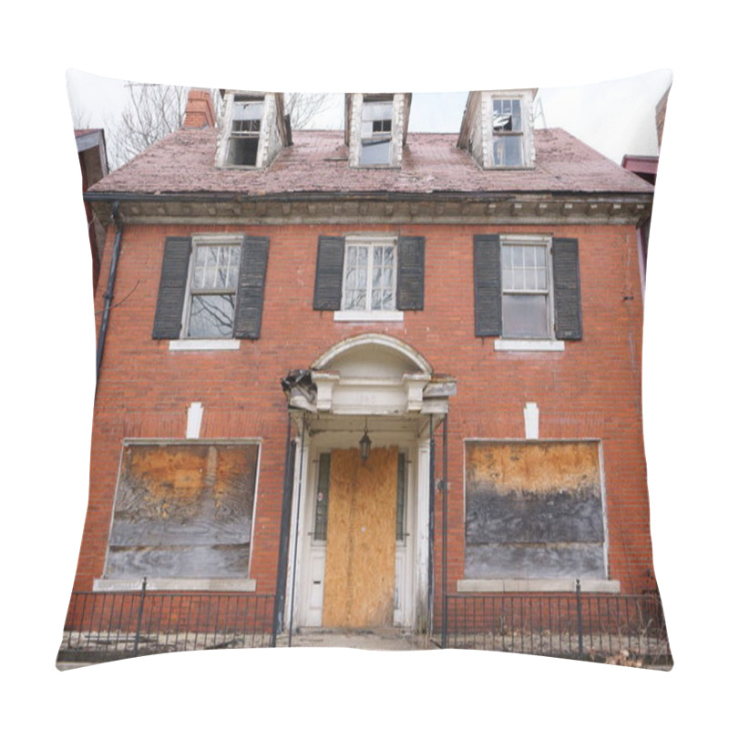 Personality  Abandoned Yellow Brick House And Plywood Veneer. Pillow Covers