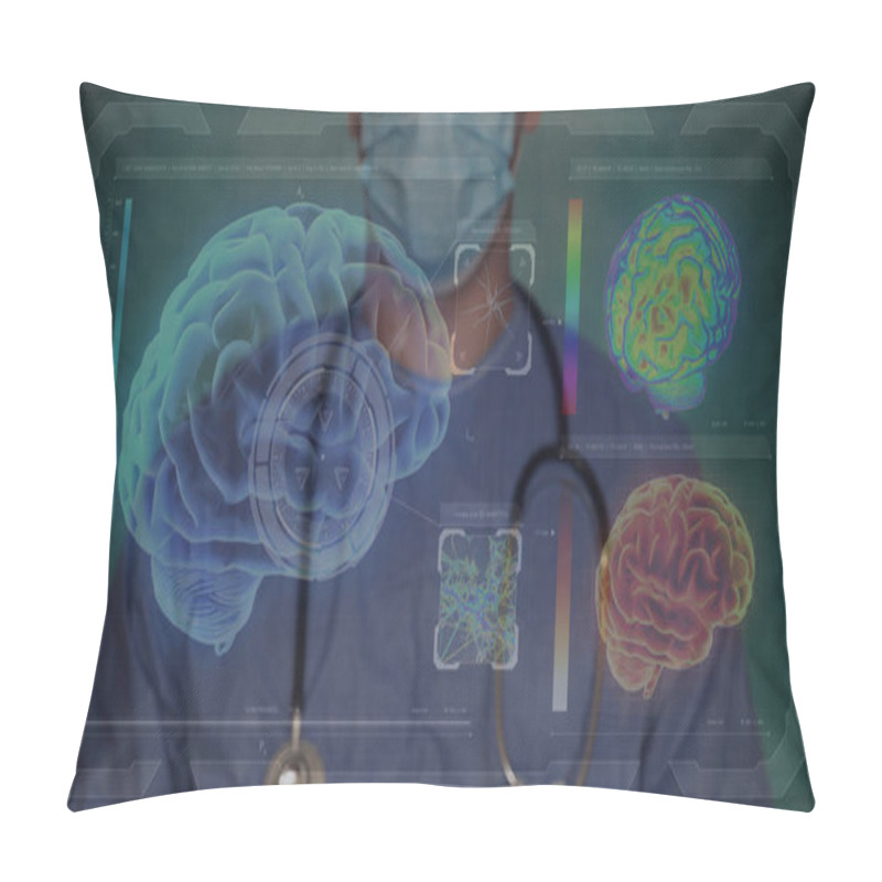 Personality  Doctor Checking Heart And Brain Testing Result, Analysis With Modern Virtual Interface In Laboratory. Innovative Technology In Science And Medicine. Concept: Futuristic Medicine, The Human Body. Pillow Covers