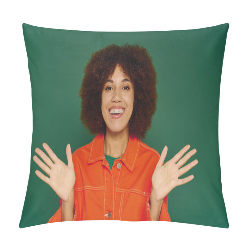 Personality  A Cheerful Young Woman With Curly Hair Showcases Her Joy While Wearing Casual Clothing On A Green Background. Pillow Covers