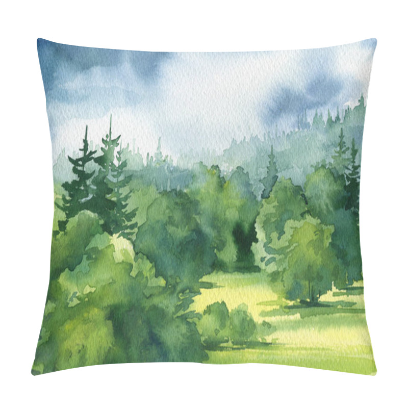 Personality  Watercolor Illustrations Of Summer Landscape, Pine And Fir Trees, Abstract Nature Background. High Quality Illustration Pillow Covers