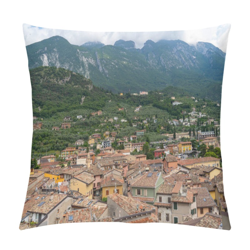 Personality  Colorful Hillside Village With Terracotta Rooftops, Surrounded By Lush Greenery And Towering Mountains Under A Partly Cloudy Sky. Pillow Covers