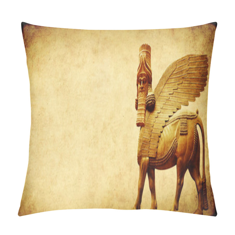 Personality  Grunge Background With Paper Texture And Lamassu - Human-headed Winged Bull Statue, Assyrian Protective Deity. Copy Space For Text. Mock Up Template Pillow Covers