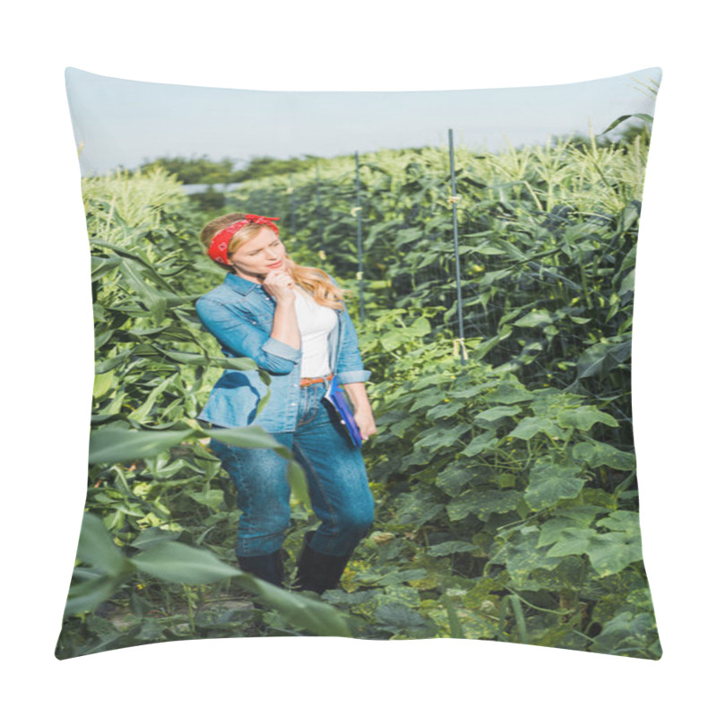 Personality  Pensive Attractive Farmer Holding Clipboard And Looking At Harvest In Field At Farm Pillow Covers