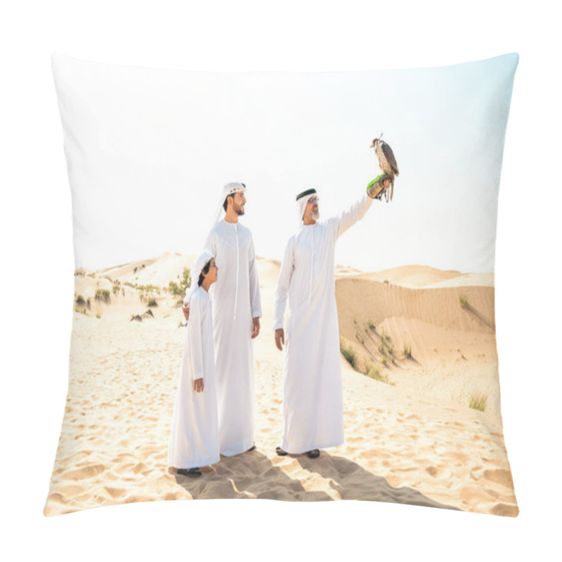 Personality  Three Generation Family Making A Safari In The Desert Of Dubai. Grandfather, Son And Grandson Spending Time Together In The Nature And Training Their Falcon Bird. Pillow Covers