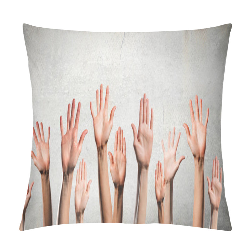 Personality  Group Of People Rise Hands . Mixed Media Pillow Covers