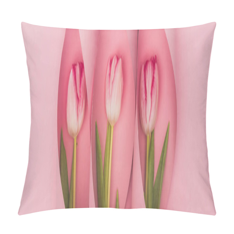 Personality  Top View Of Tulips In Paper Swirls On Pink Background, Panoramic Shot Pillow Covers