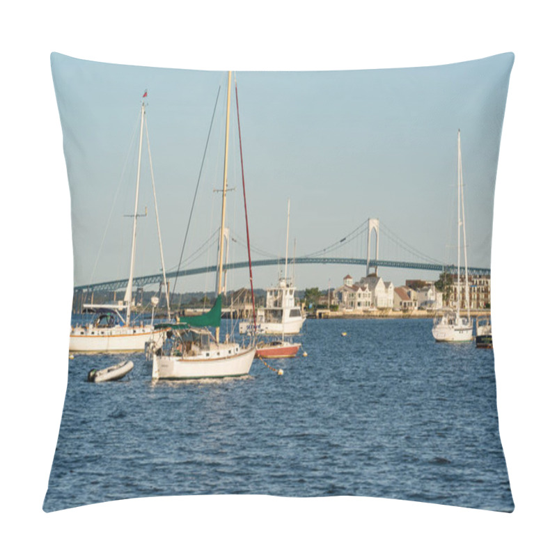 Personality  NEWPORT, RHODE ISLAND - SEPTEMBER 30, 2018: Boats Moored In The Bay Of Newport, Rhode Island Pillow Covers