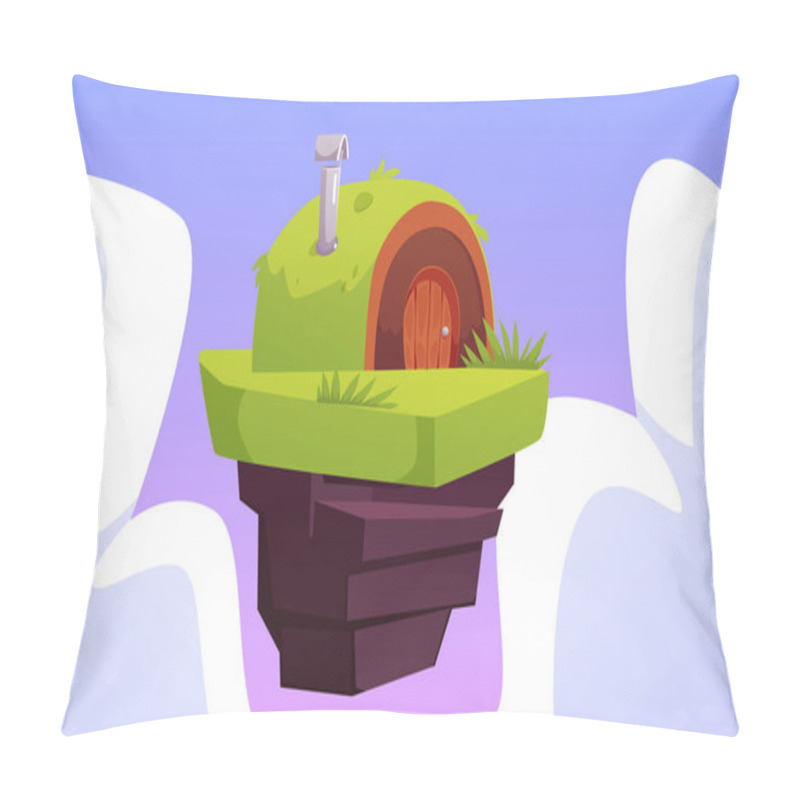 Personality  Game Island With Hut In The Sky. Vector Cartoon Cute Small Fairy Tale Village House With Door And Rounded Roof Covered With Grass. Rural Dwarf Wooden Dwelling With Chimney On Floating Rock Land Pillow Covers