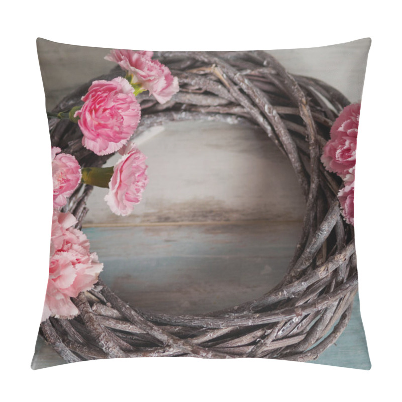 Personality  Round Wreath Of Dry Branches With Pink Flowers, On Blue Turquoise Wooden Background, Place For Text. Springtime And Revival Concept Pillow Covers