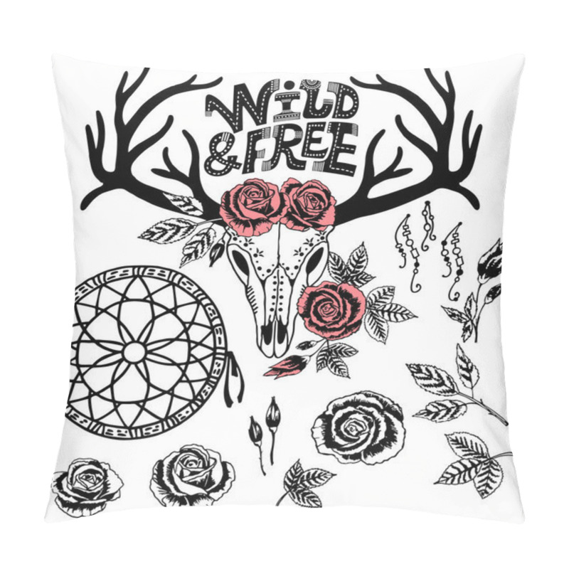 Personality  Set Of Tribal Design Elements. Hand Drawn Ethnic Collection With Arrows, Feathers, Deer Skull, Floral Elements For Design. Vector Set With Tribal, Indian, Aztec, Hipster, Boho Elements. Pillow Covers