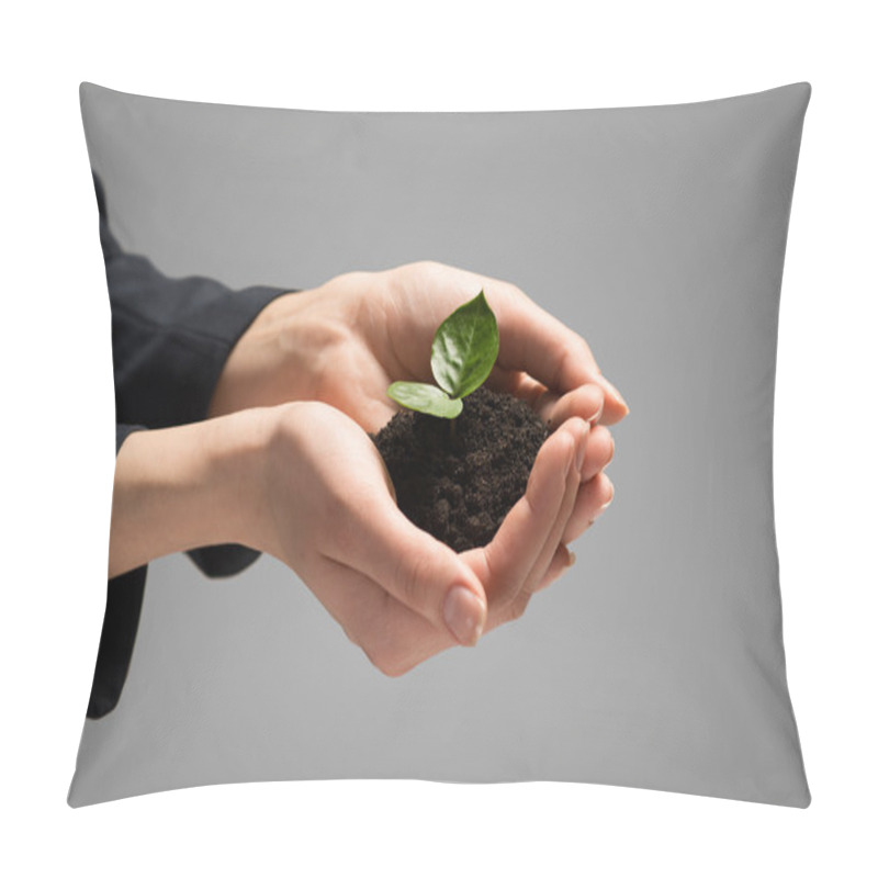 Personality  Businesswoman Hands Holding Sprout Pillow Covers