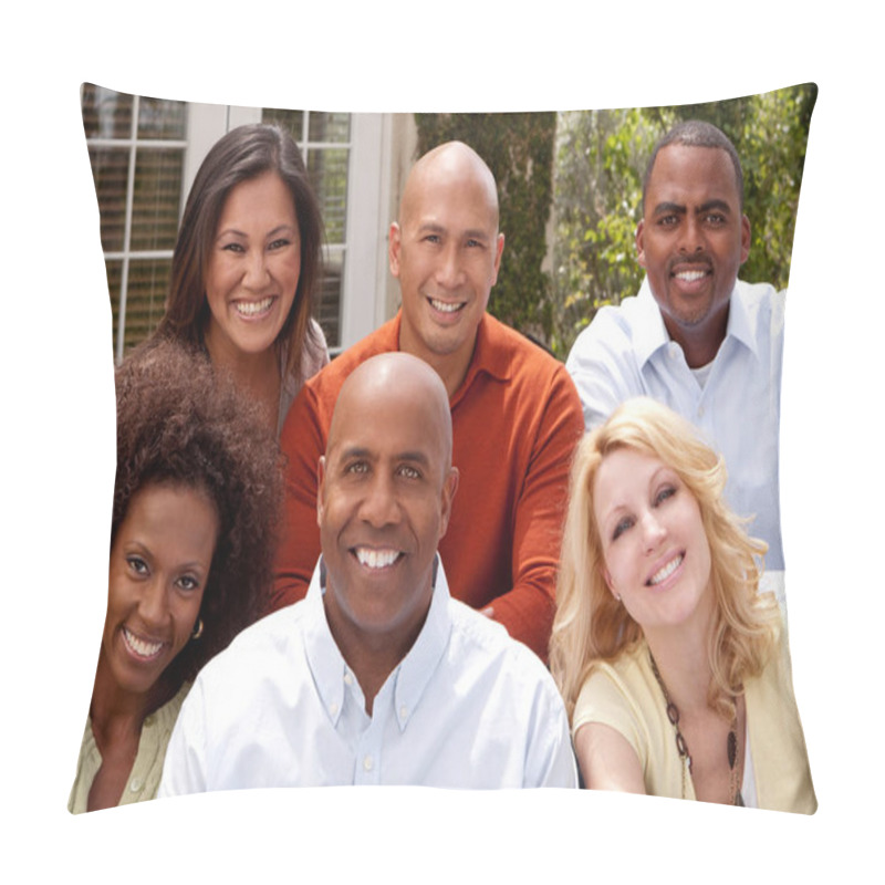 Personality  Multi Ethnic Group Of People Smiling Outside. Pillow Covers