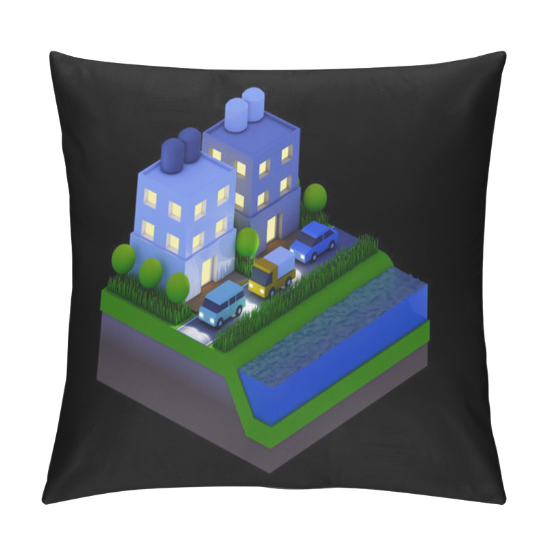 Personality   Isometric City Buildings, Landscape, Road And River, Night Scen Pillow Covers