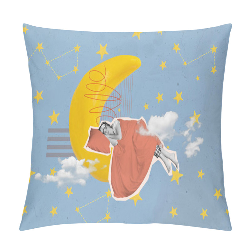 Personality  3d Collage Illustration Artwork Of Young Happy Smiling Girl Fall Asleep Moon Wrapped In Comfy Warm Blanket Isolated On Stars Sky Background. Pillow Covers