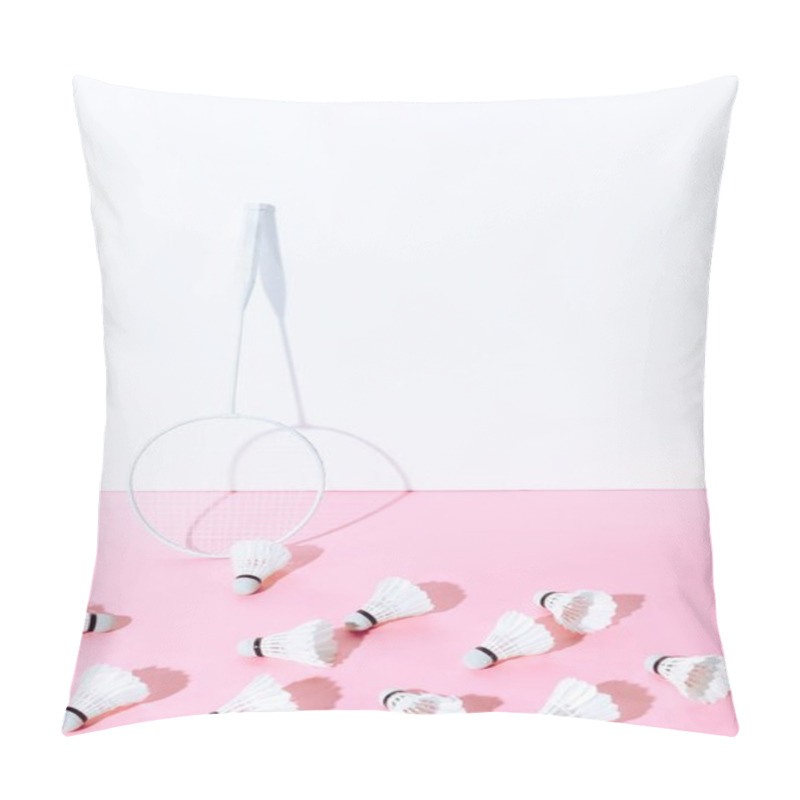 Personality  White Badminton Racket And Shuttlecocks On Pink Paper At Wall Pillow Covers