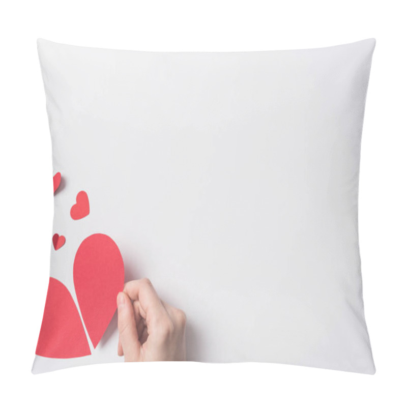 Personality  Cropped View Of Woman Holding Red Broken Heart Pieces On White Background Pillow Covers