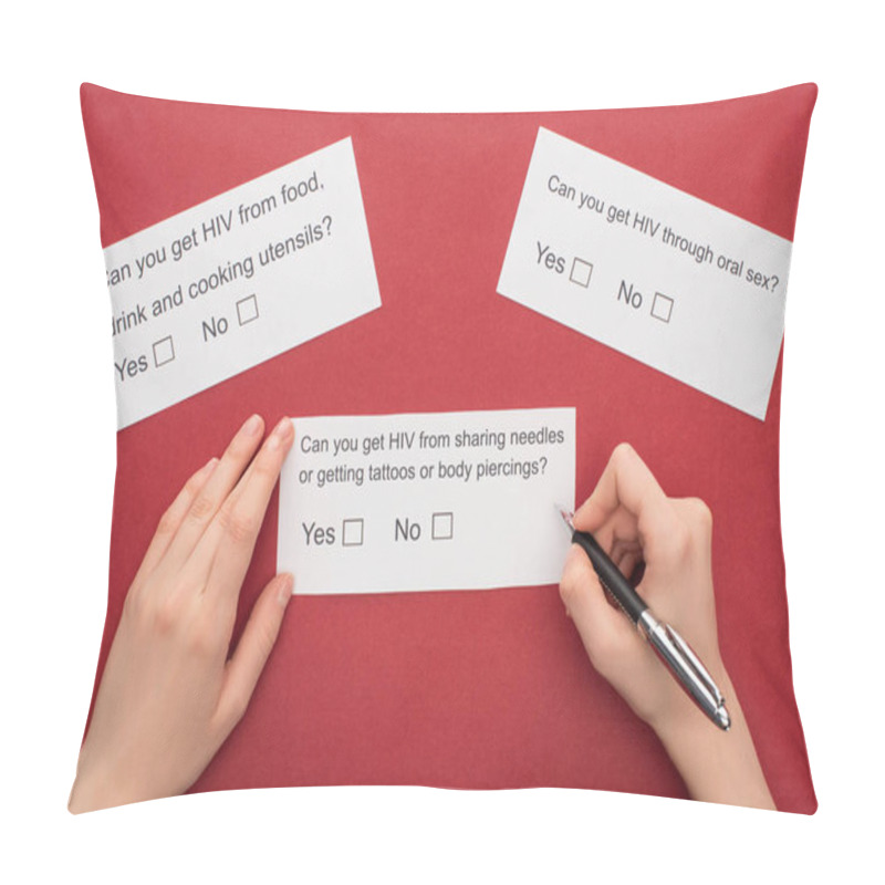 Personality  Cropped View Of Woman Answering HIV Questionnaire On Red Background Pillow Covers