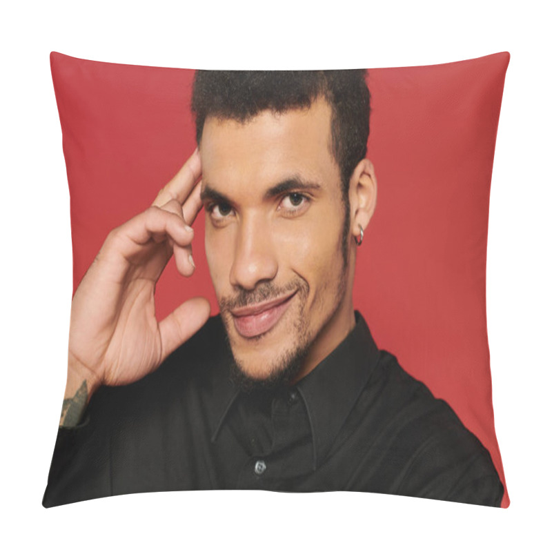 Personality  A Young Handsome Man With A Stylish Look Smiles Confidently While Posing Against A Red Backdrop. Pillow Covers