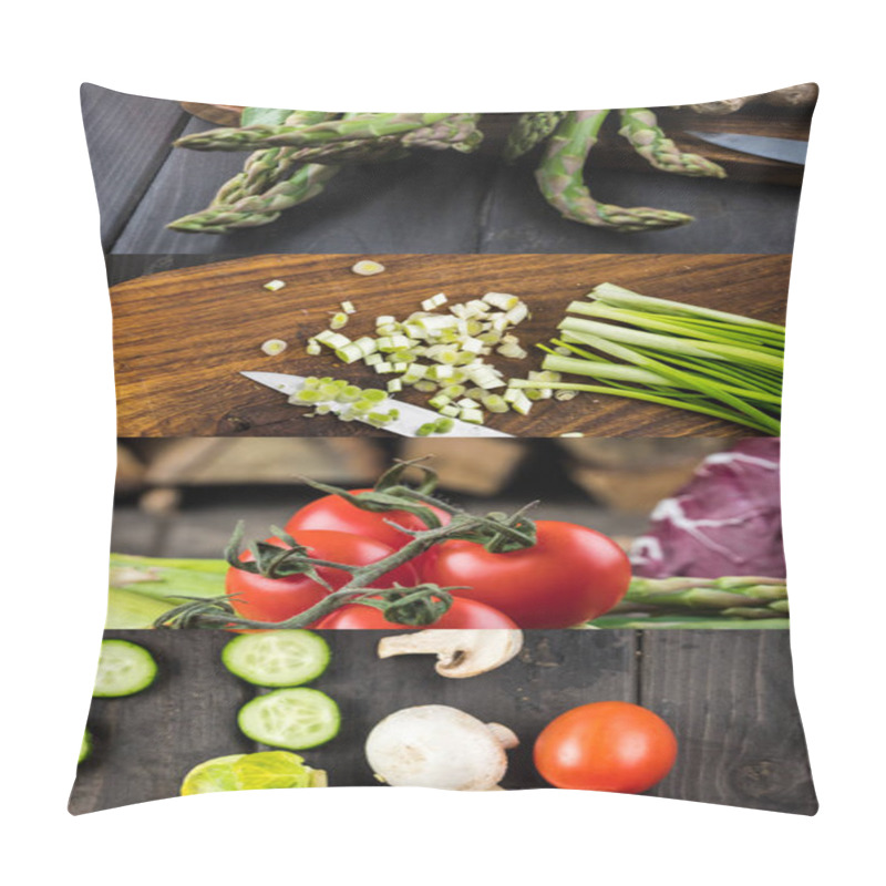 Personality  Collage Of Tomato, Asparagus, Green Onion, Mushrooms And Cucumber On Wooden Dark Table Pillow Covers