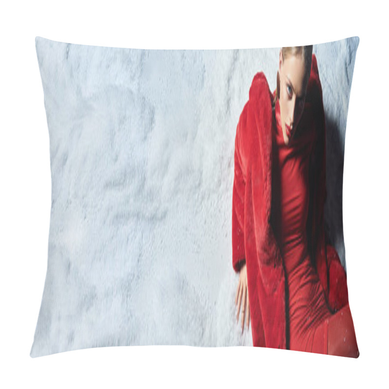 Personality  A Beautiful Woman Lounges Gracefully On The Snow, Dressed In Red, Enjoying The Winter Atmosphere. Pillow Covers