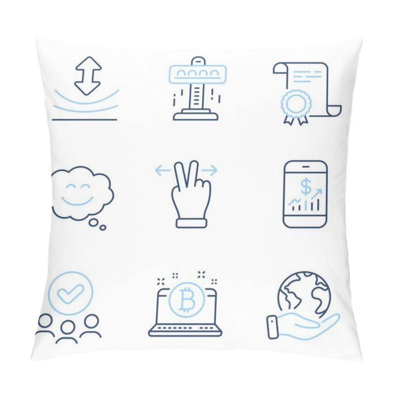 Personality  Smile Chat, Bitcoin And Touchscreen Gesture Line Icons Set. Diploma Certificate, Save Planet, Group Of People. Attraction, Resilience And Mobile Finance Signs. Vector Pillow Covers