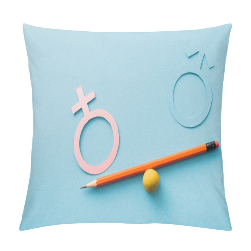 Personality  Small Ball And Pencil With Different Genders Isolated On Blue, Sexual Equality Concept  Pillow Covers