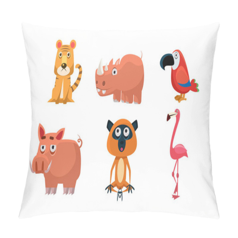 Personality  Cute Wild African Animals Set, Tiger, Rhino, Parrot, Boar, Flamingo, Lemur Vector Illustration On A White Background Pillow Covers