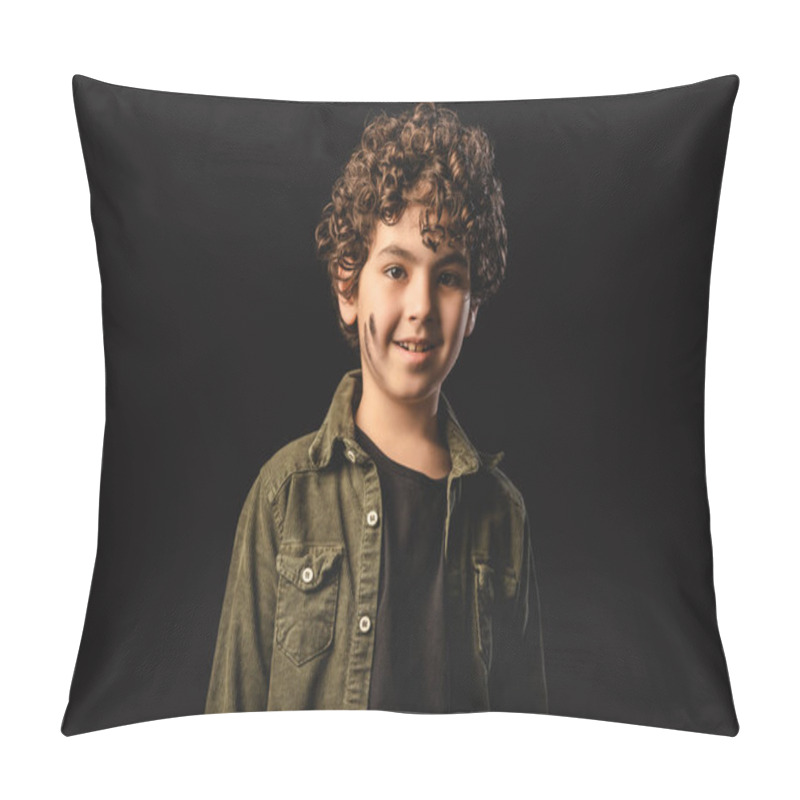 Personality  Smiling Muslim Boy With Dirty Face Looking At Camera Isolated On Black  Pillow Covers