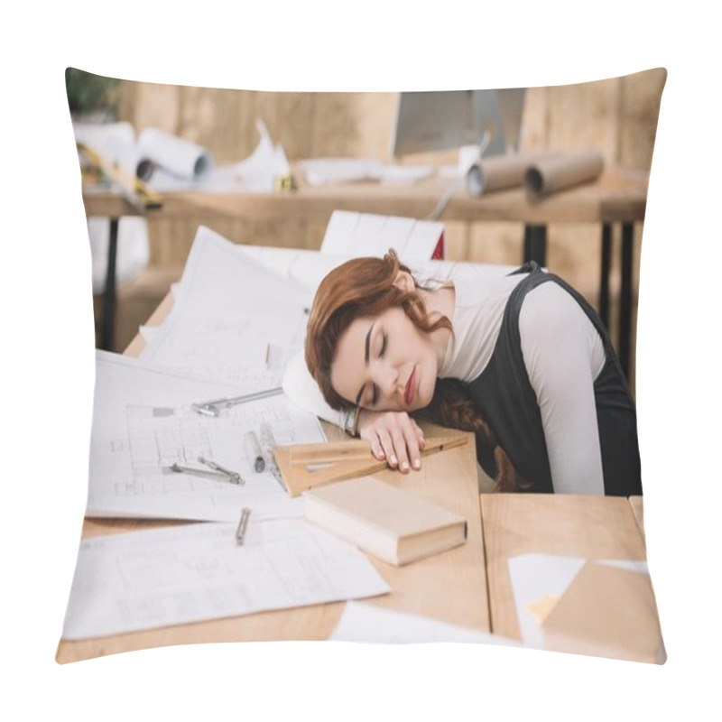 Personality  Overworked Female Architect Sleeping On Building Plans At Workplace Pillow Covers